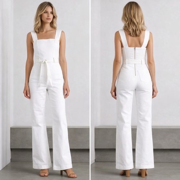 Alice + Olivia Pants - Alice + Olivia White Denim Jumpsuit Size 8 White Stretch Denim Jumpsuit Size 29